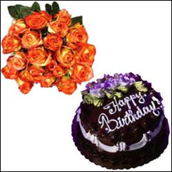 "Rose Blooms - 1kg chocolate cake, 20 Orange Roses - Click here to View more details about this Product
